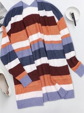Striped Open-Front Women’s Cardigan in Rust, Navy & Lavender